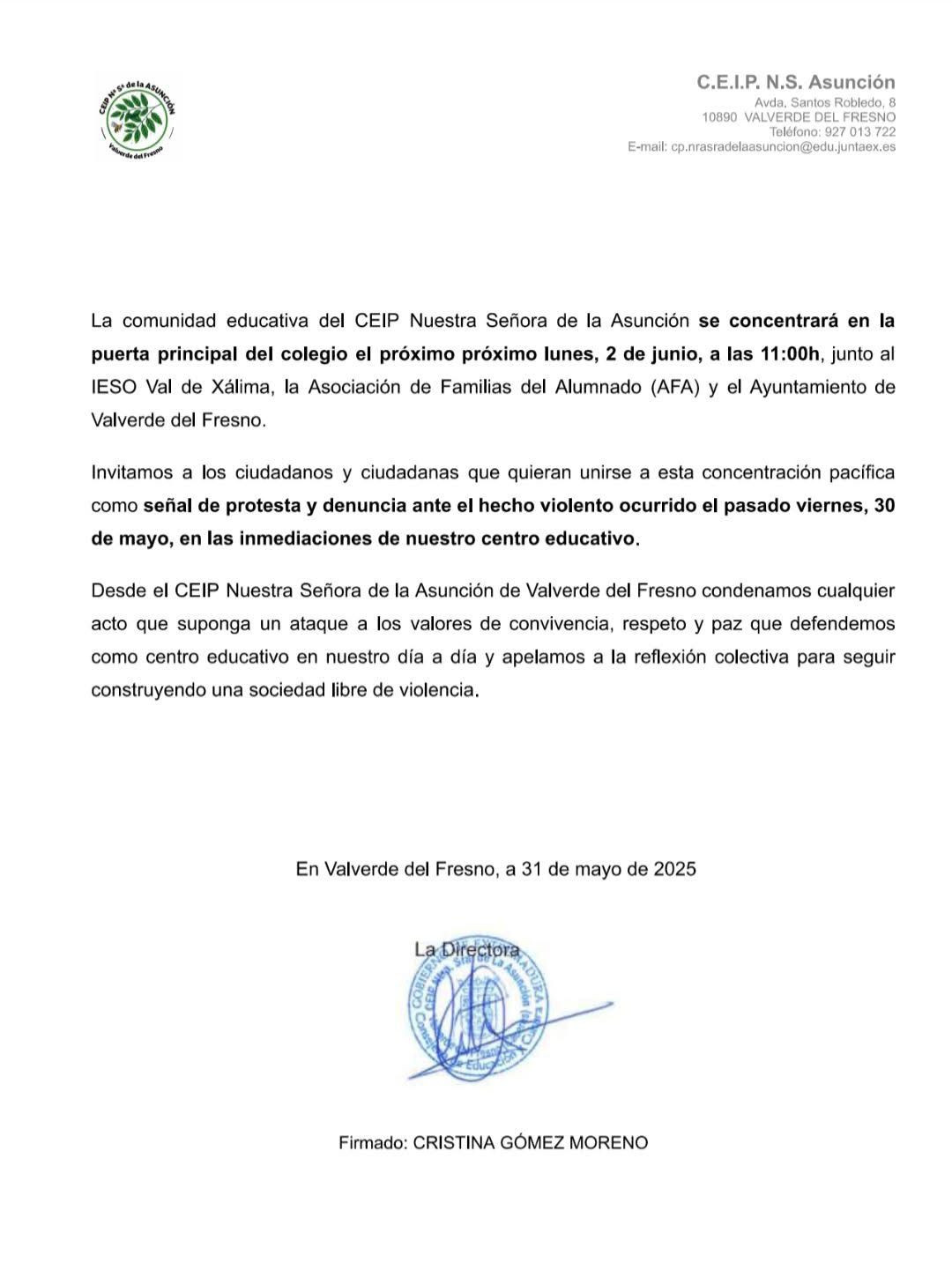 Comunicado CEIP Nuestra Señora de la Asunción Valverde del Fresno