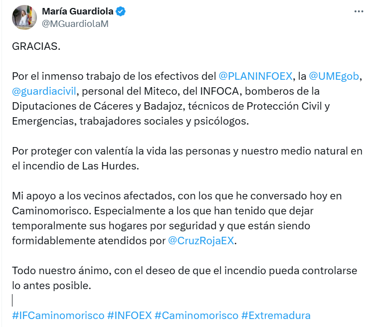 Maru00eda Guardiola, Tuit, X, Incendio,