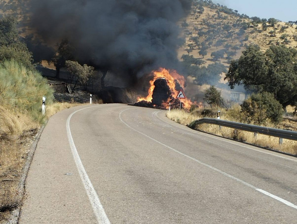 Un camión ardiendo en la carretera provoca un incendio forestal en Llerena