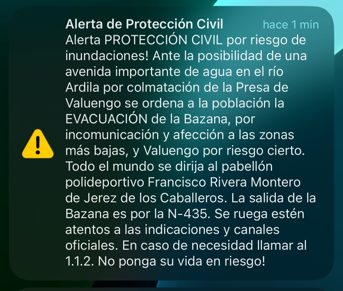 Alerta protecciu00f3n Civil, Jerez de los Caballeros, La Bananza, Extremadura, ES Alert,