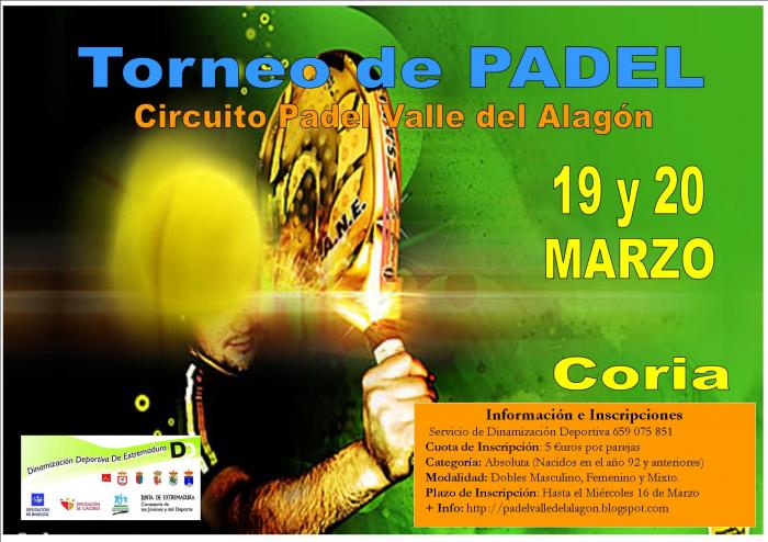 El IV Torneo del Circuito de Padel Valle del Alagón llegará a la ciudad de Coria el fin de semana del 19 y 20 de marzo