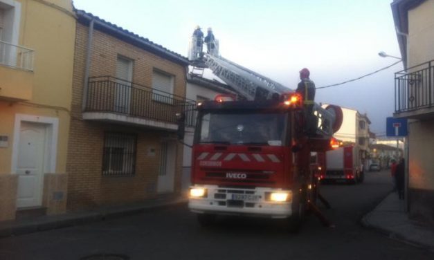 Dos dotaciones de bomberos de Coria retiran una estructura que el viento derribó en Moraleja