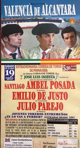 Ambel Posada, Emilio de Justo y Julio Parejo se darán cita en la Plaza de Toros de Valencia de Alcántara