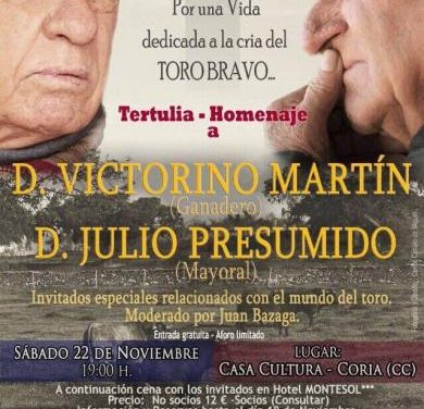 Jóvenes Taurinos de Coria rendirán homenaje a Victorino Martín y al mayoral Julio Presumido el día 22