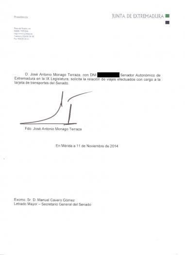 Monago solicitó por carta certificada al Senado la relación de todos los viajes de trabajo realizados