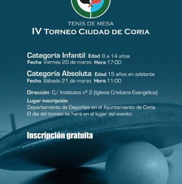 La Asociación Klesis de Coria organiza en marzo  el IV Torneo de Tenis de mesa «Ciudad de Coria»