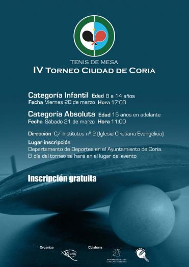 La Asociación Klesis de Coria organiza en marzo  el IV Torneo de Tenis de mesa «Ciudad de Coria»