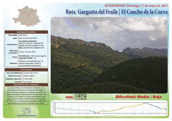 Coria organiza la ruta senderista Garganta del Fraile-El Cancho de la Cueva que partirá de Serradilla
