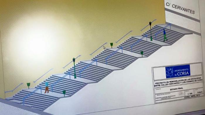 Las obras de mejora de las escaleras de la calle Cervantes de Coria concluirán en septiembre