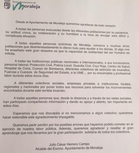 El Ayuntamiento de Moraleja agradece a los evacuados por el incendio de Sierra de Gata su «civismo y humildad»