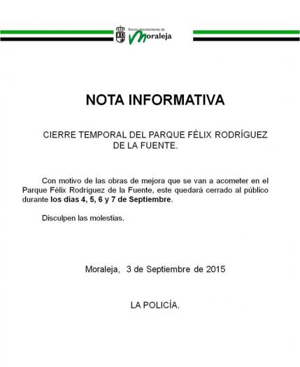 El Parque Félix Rodríguez de la Fuente de Moraleja permanecerá cerrado hasta el lunes por obras