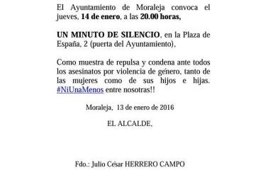 El Ayuntamiento de Moraleja convoca este jueves un minuto de silencio contra la violencia machista