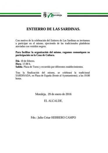 El Ayuntamiento de Moraleja anima a la ciudadanía a participar en el tradicional entierro de la sardina