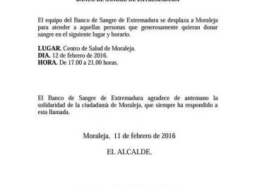El Equipo del Banco de Sangre de Extremadura realizará una colecta en Moraleja este viernes