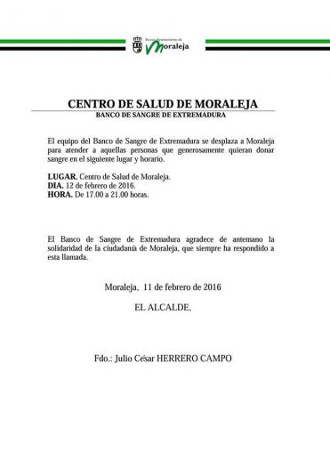 El Equipo del Banco de Sangre de Extremadura realizará una colecta en Moraleja este viernes