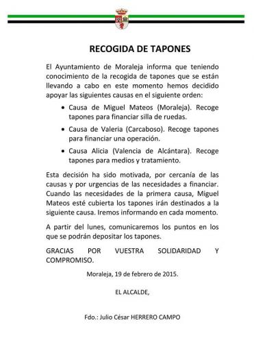 El Ayuntamiento de Moraleja anima a los vecinos a donar tapones para  ayudar a un enfermo de la localidad