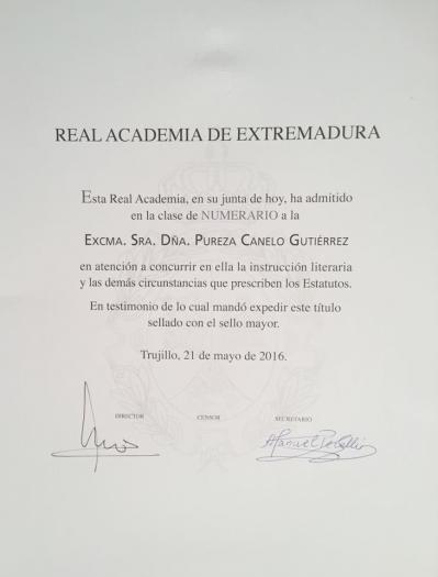 La poetisa moralejana Pureza Canelo toma posesión de su plaza en la Academia de las Artes de Extremadura