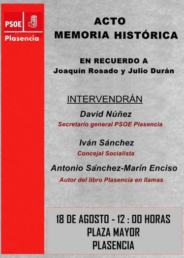 El PSOE de Plasencia organiza un acto en memoria de Joaquín Rosado y Julio Durán