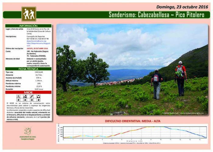 La ruta senderista «Cabezabellosa-Pico Pitolero» de Coria se celebrará el día 13 de noviembre