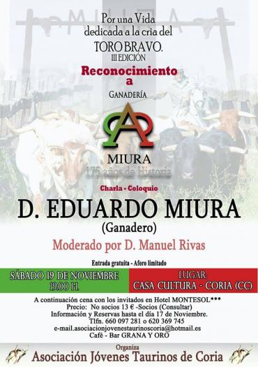 La Asociación Jóvenes Taurinos de Coria homenajeará al ganadero español Eduardo Miura