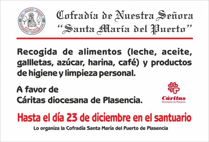 La Cofradía placentina Nuestra Señora «Santa María del Puerto» llevará a cabo una recogida de alimentos