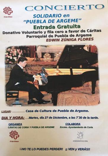 Puebla de Argeme acogerá este martes un concierto solidario a cargo del pianista cacereño Edwin Zúniga