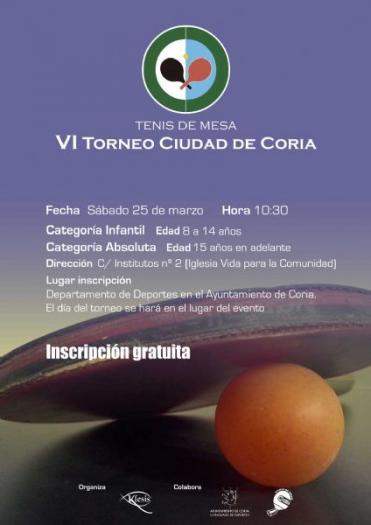La sexta edición del torneo de tenis de mesa «Ciudad de Coria 2017» tendrá lugar el próximo día 25