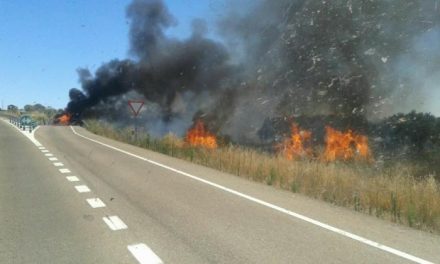 Un coche ardiendo provoca un incendio de pastos en la EX-109 a la altura de Torrejoncillo