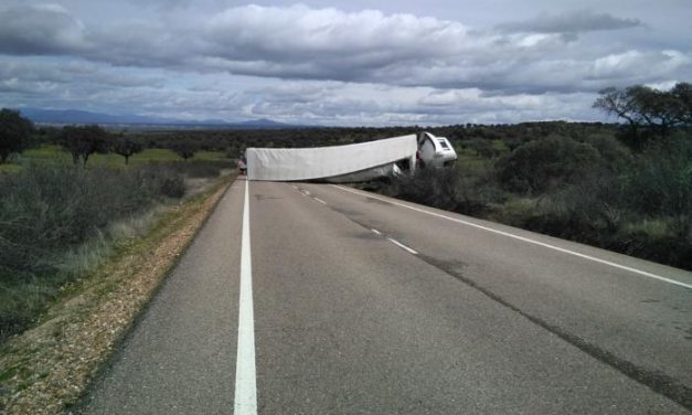 El vuelco de un camión de grandes dimensiones obliga a cortar varias horas la carretera de Moraleja a Zarza