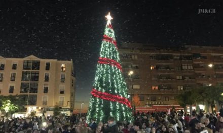 Un árbol navideño de grandes dimensiones e iluminado preside la Plaza de la Solidaridad de Coria