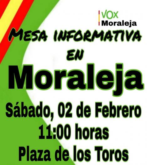 El partido político VOX celebrará el sábado 2 de febrero una mesa informativa en Moraleja