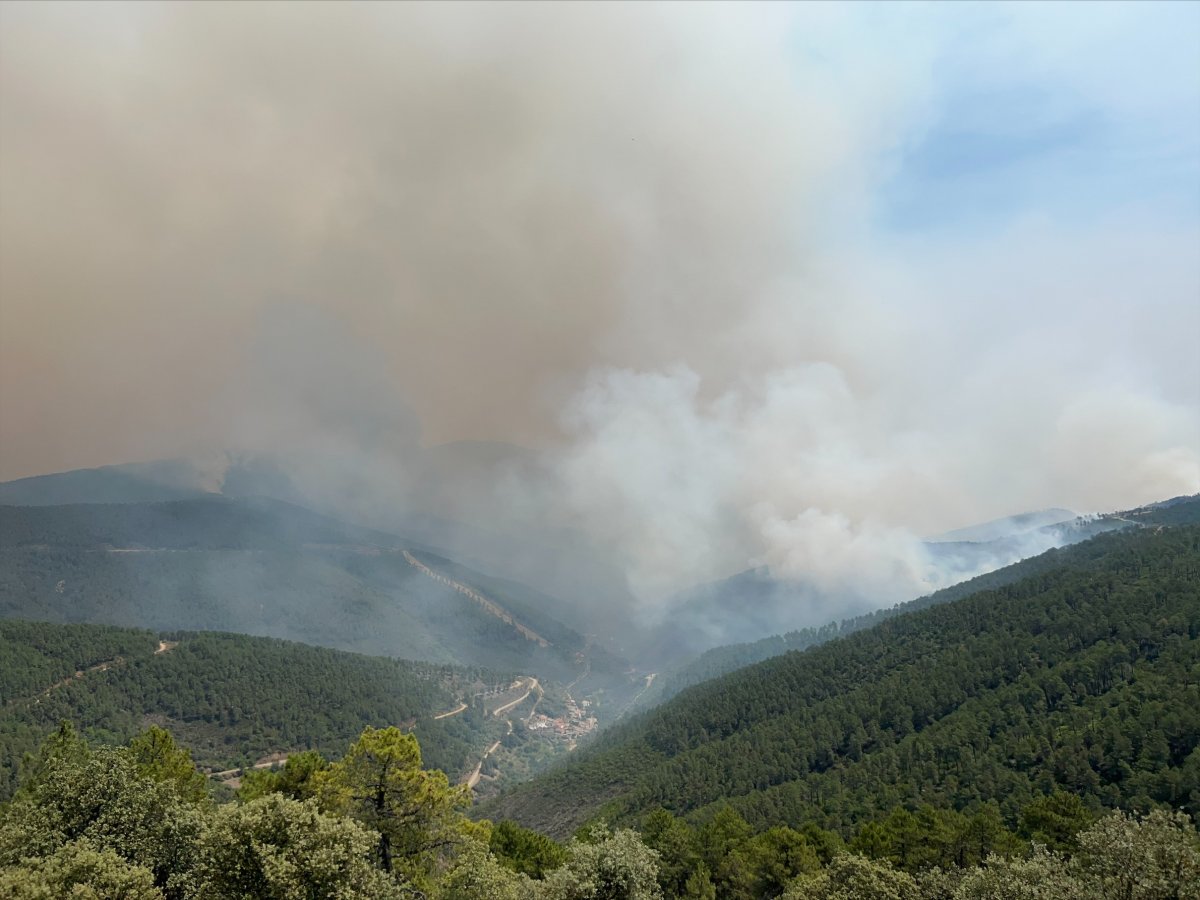 Más de 300 efectivos intentan evitar el avance de las llamas al valle hurdano de Nuñomoral