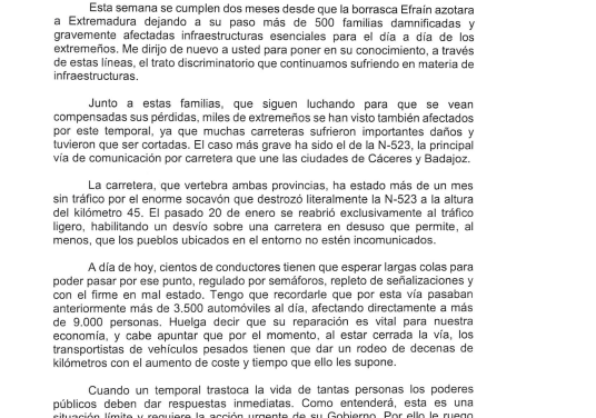 Esta es la carta que María Guardiola ha mandado a Pedro Sánchez para que solucione el socavón