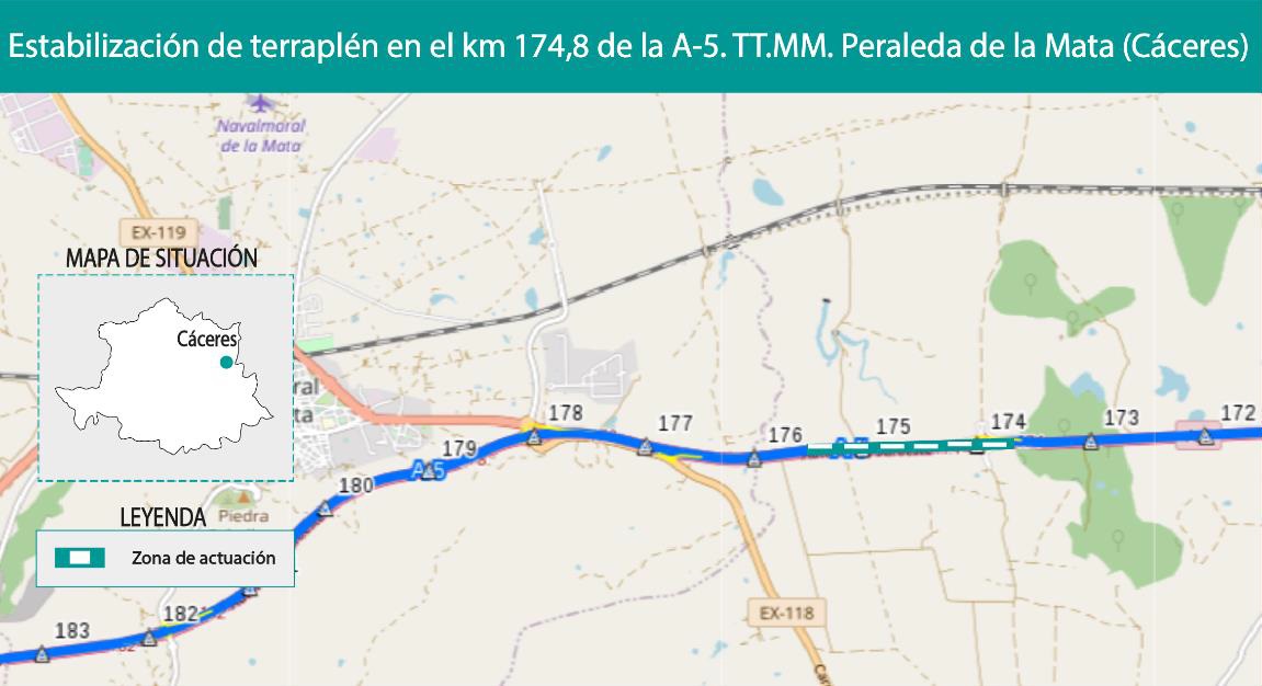 Adjudicadas por 333.000 euros las obras de estabilización de un talud de la autovía A-5 en Peraleda